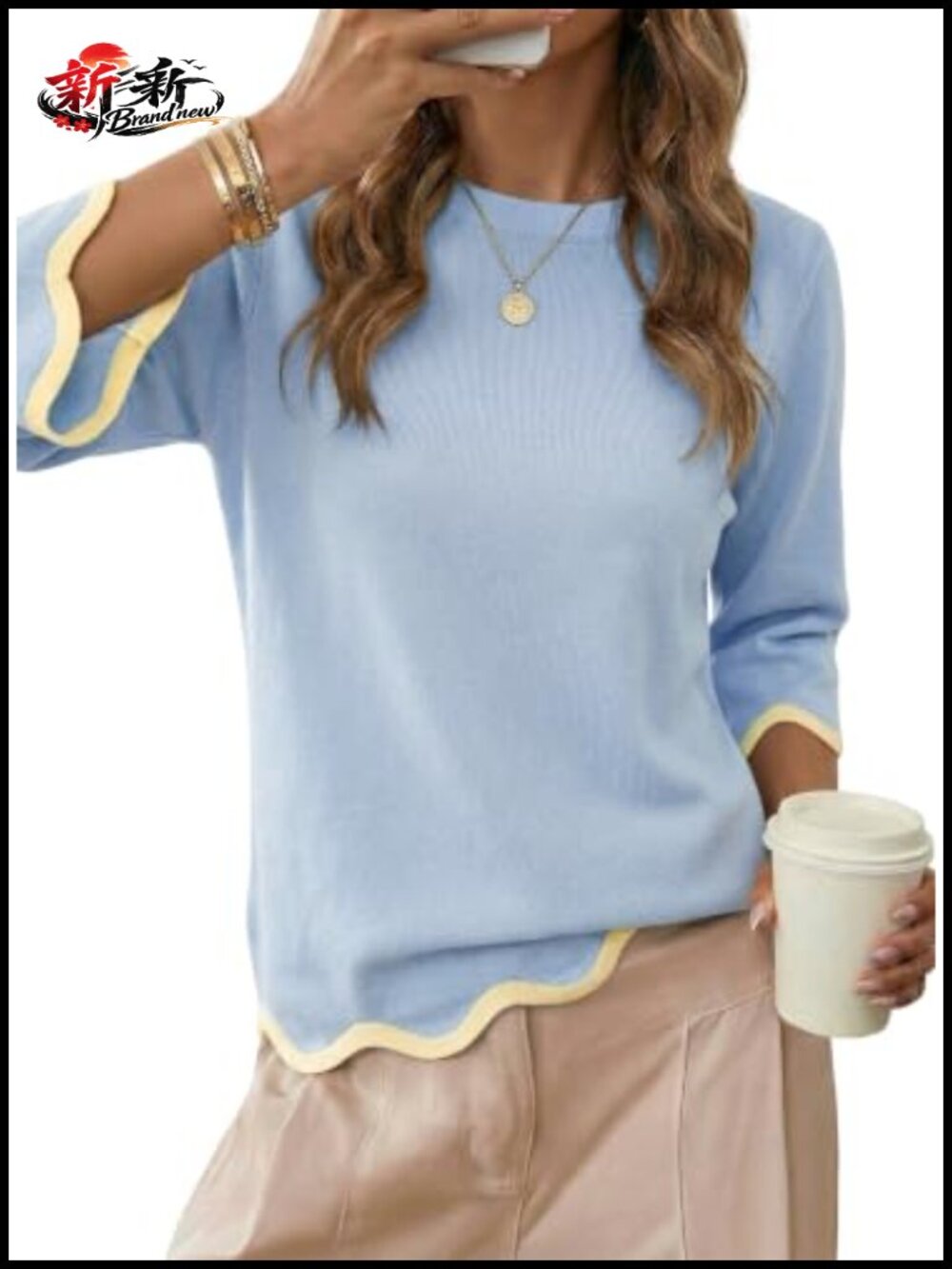 Women's Wool Blend 3/4 Sleeve Crewneck Pullover Sweater